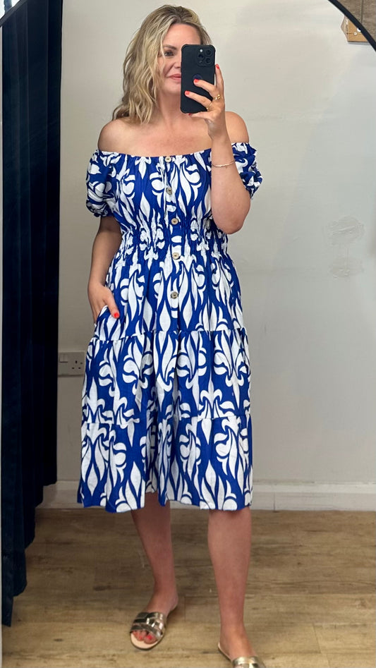 Off shoulder pattern dress  - Blue Colour