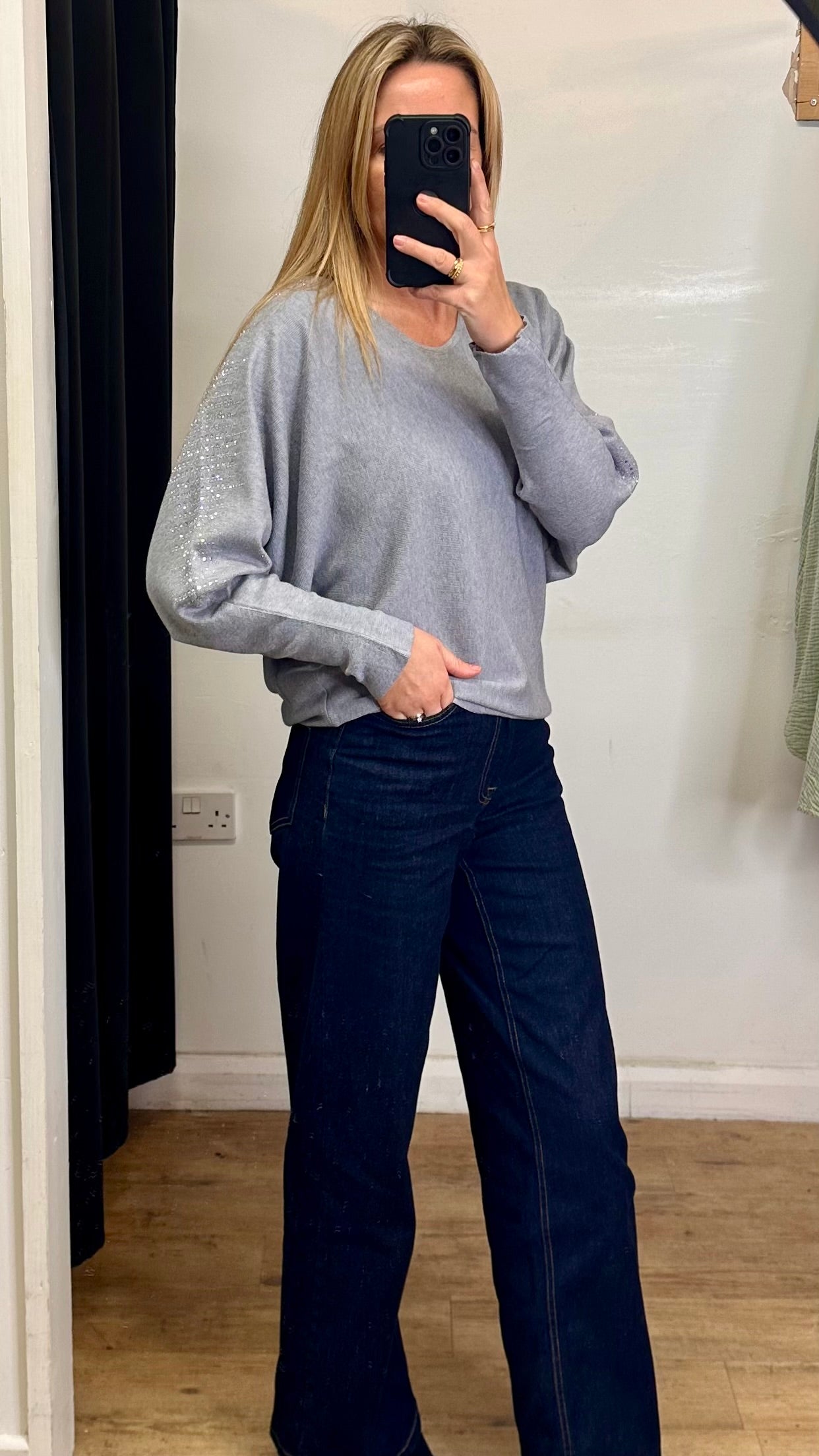 Diamante Batwing Jumper - Grey Colour