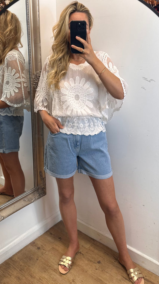 Sheer Sleeve Embroidered Top - White Colour