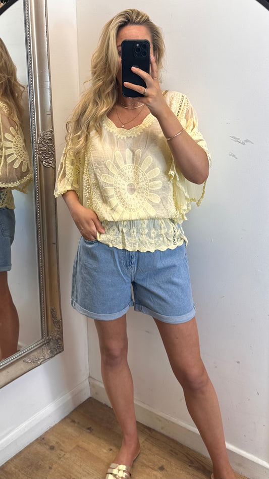 Sheer Sleeve Embroidered Top - Yellow Colour