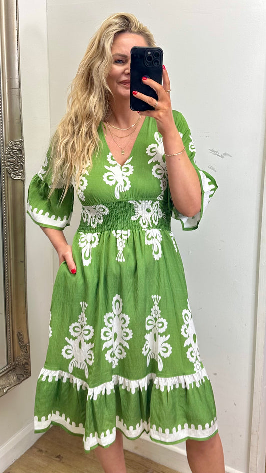 Green / White Pattern Dress