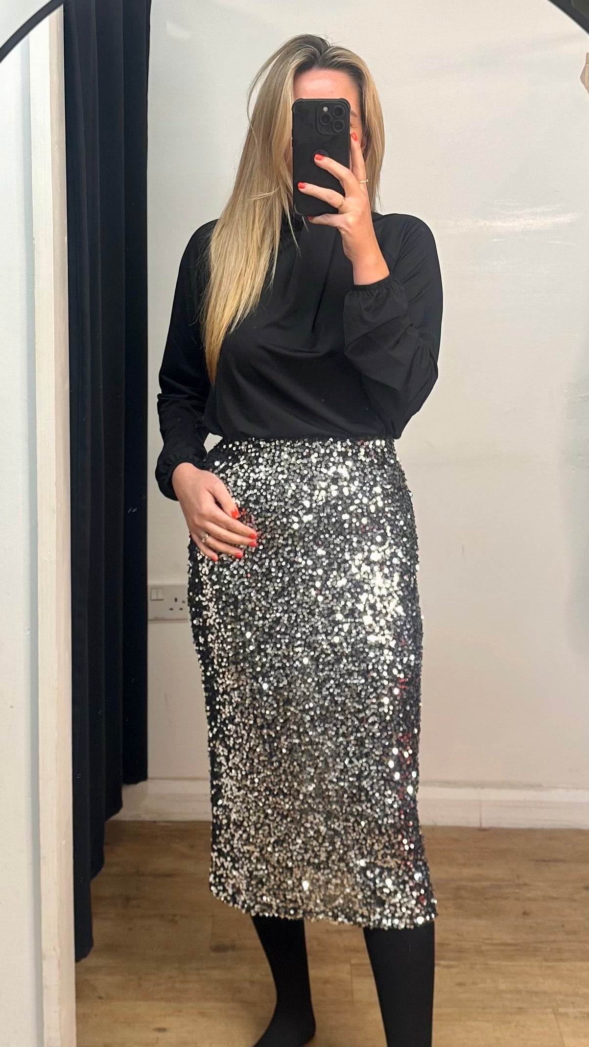 Silver Sequin Midi Skirt