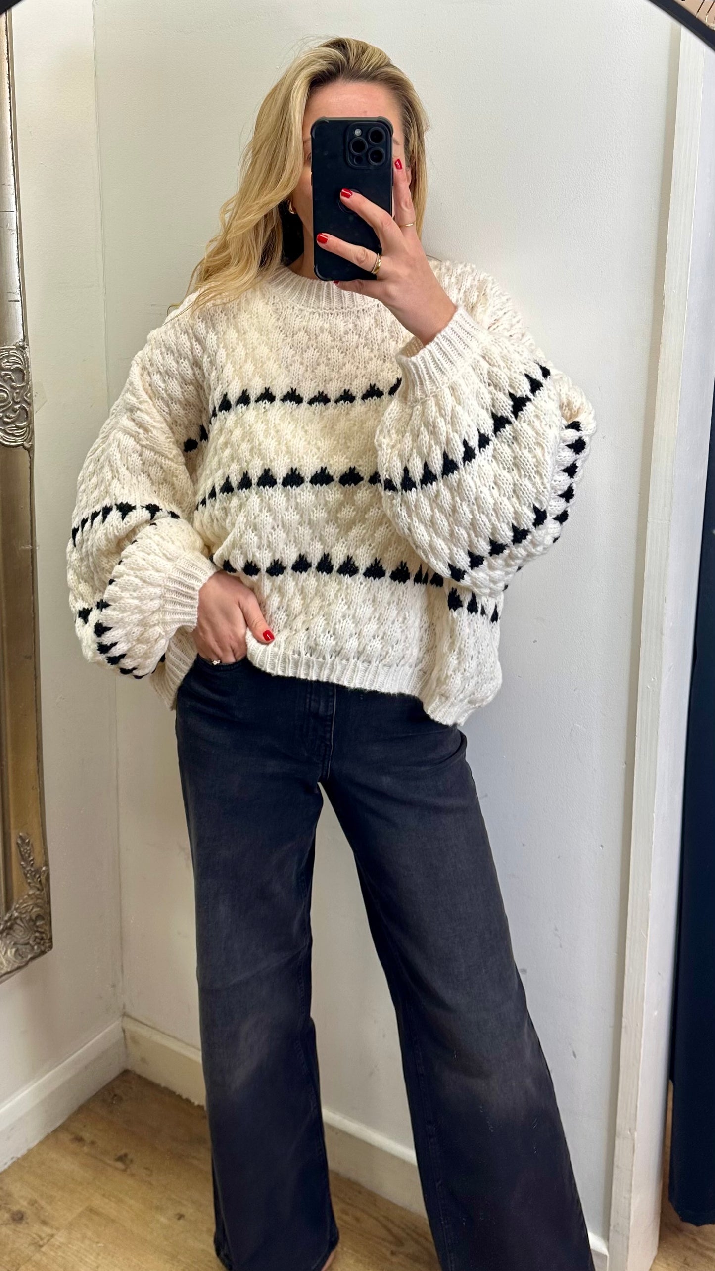 Cream / Black Pattern Oversized Chunky Knit