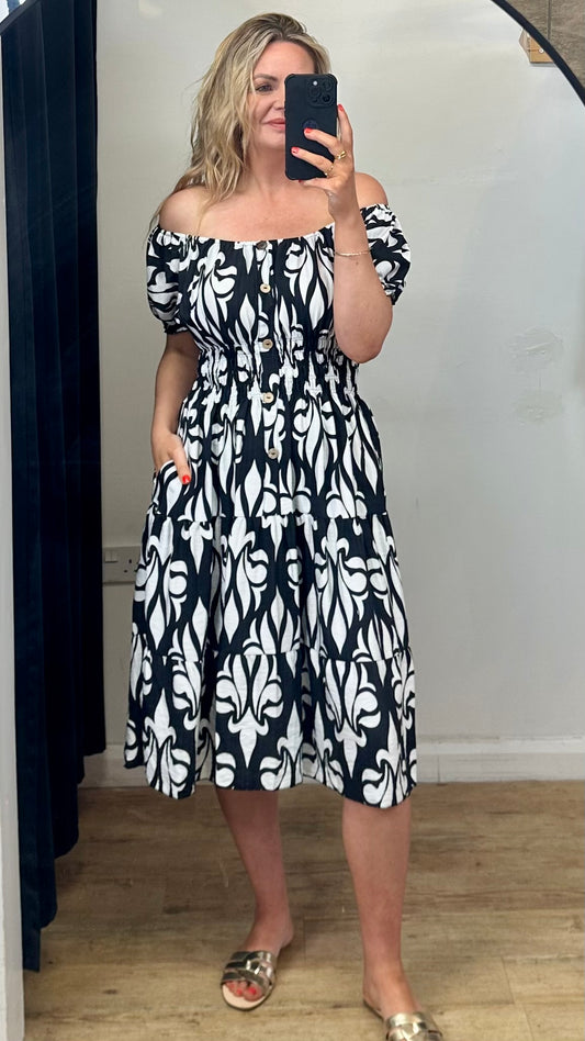 Off shoulder pattern dress  - Black Colour