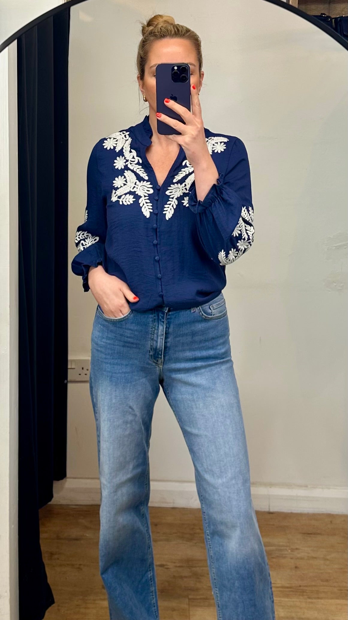 Navy & White Embroidered Top