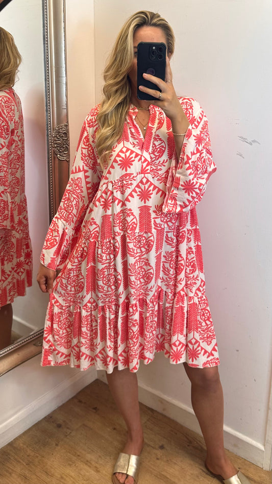 Patterned Smock Dress - Coral Colour