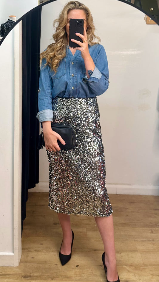Silver Sequin Midi Skirt