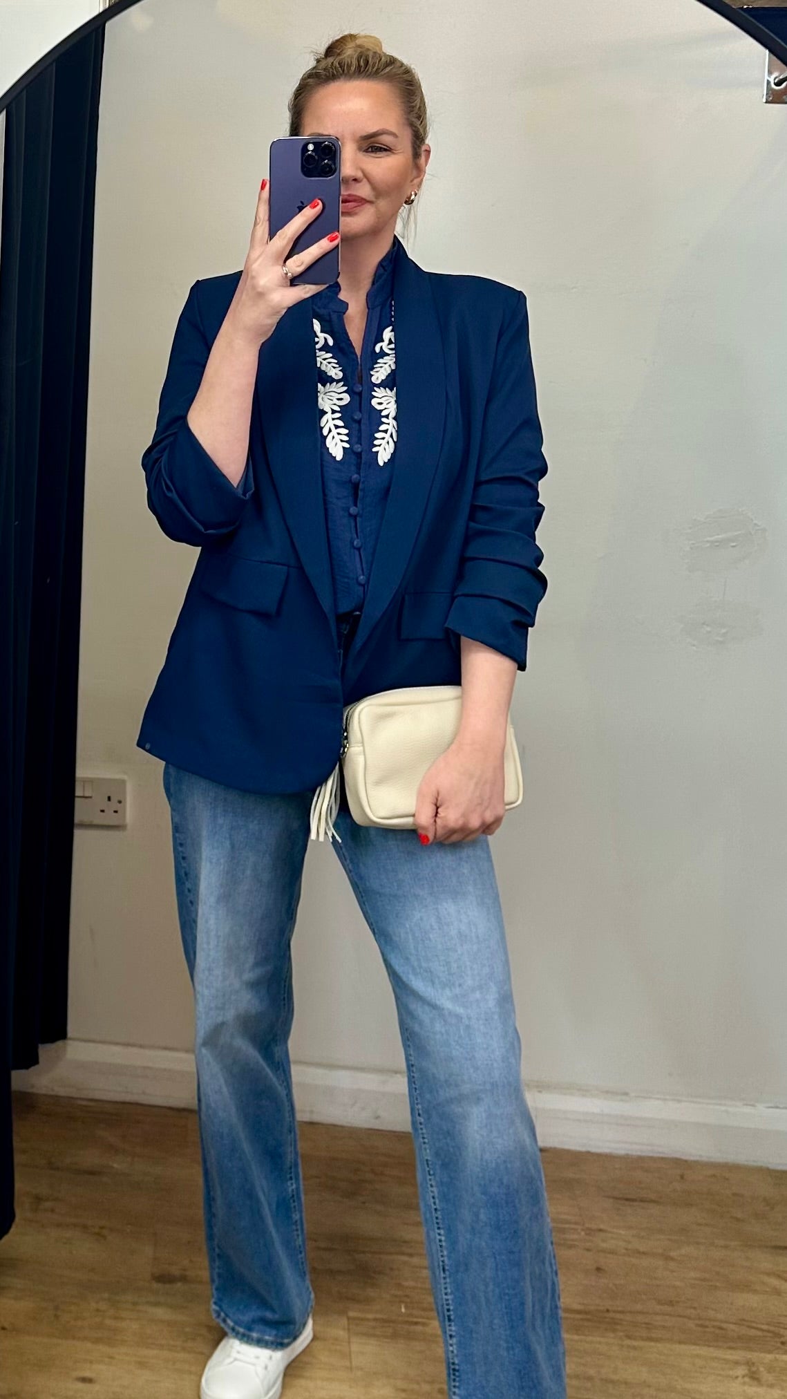 Navy & White Embroidered Top