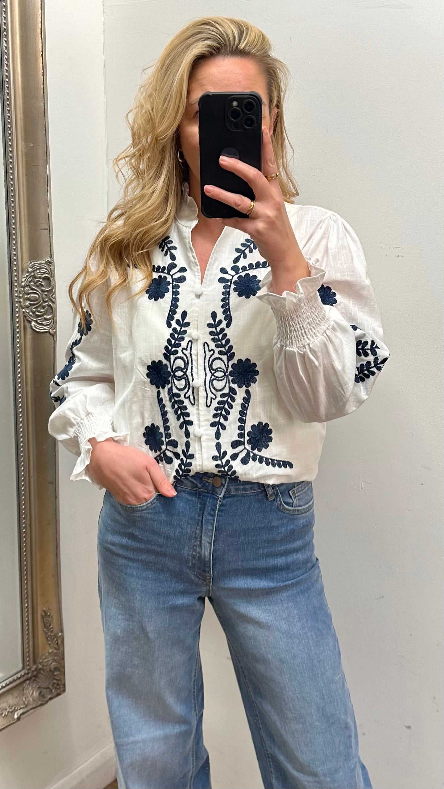 White & Navy Embroidered Shirt