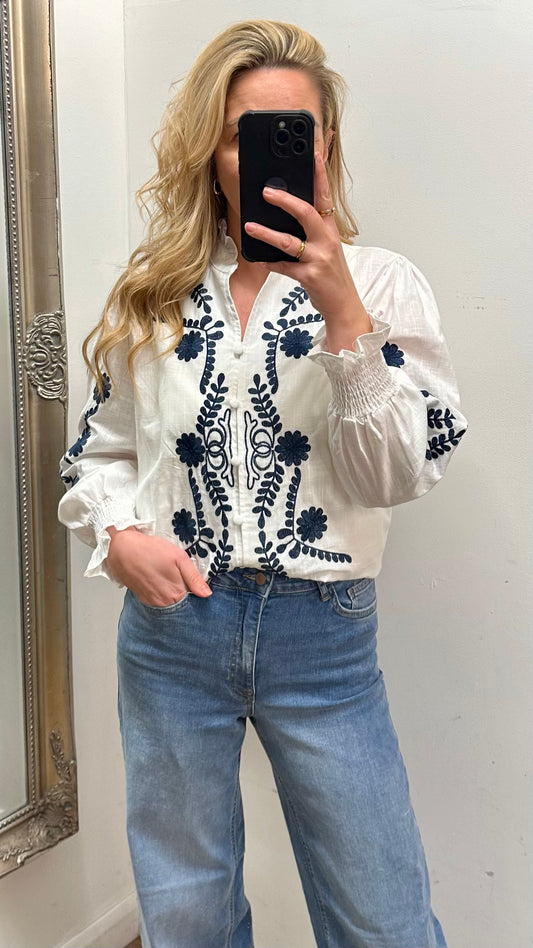 White & Navy Embroidered Shirt