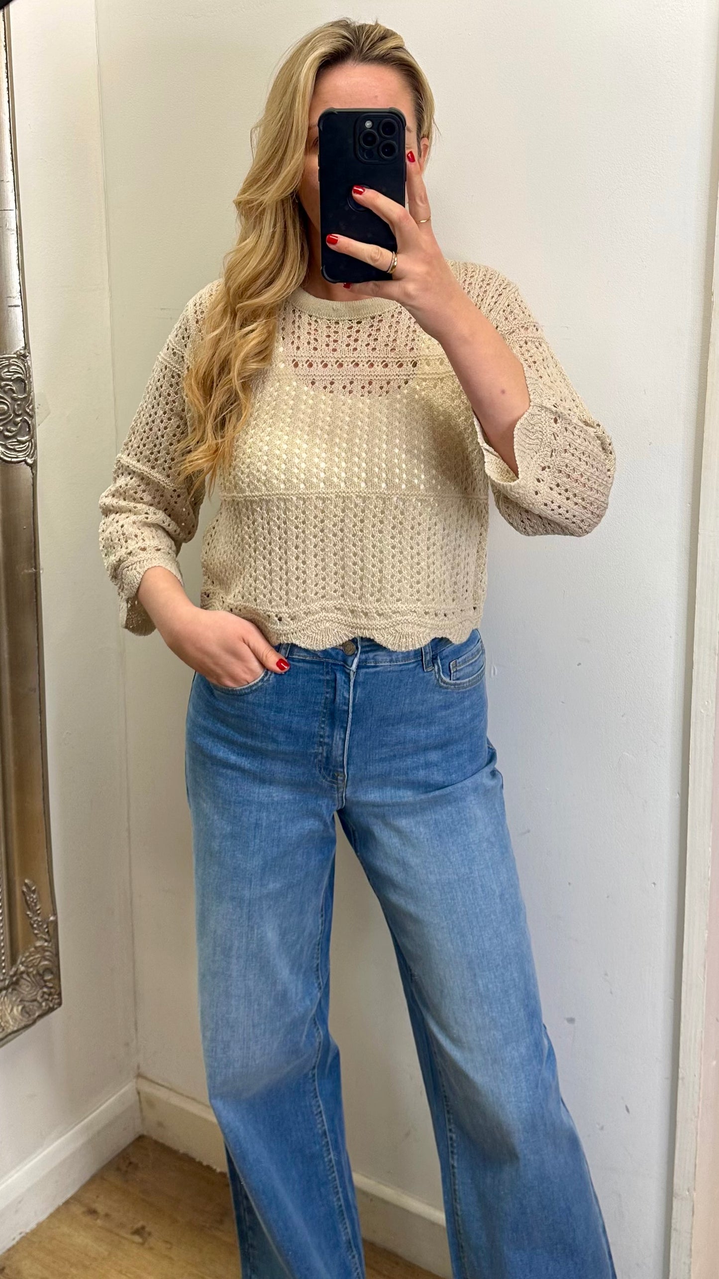 Crochet Knitted Short Jumper - Neutral Colour