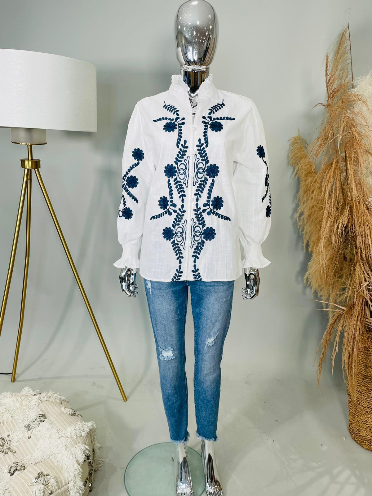 White & Navy Embroidered Shirt