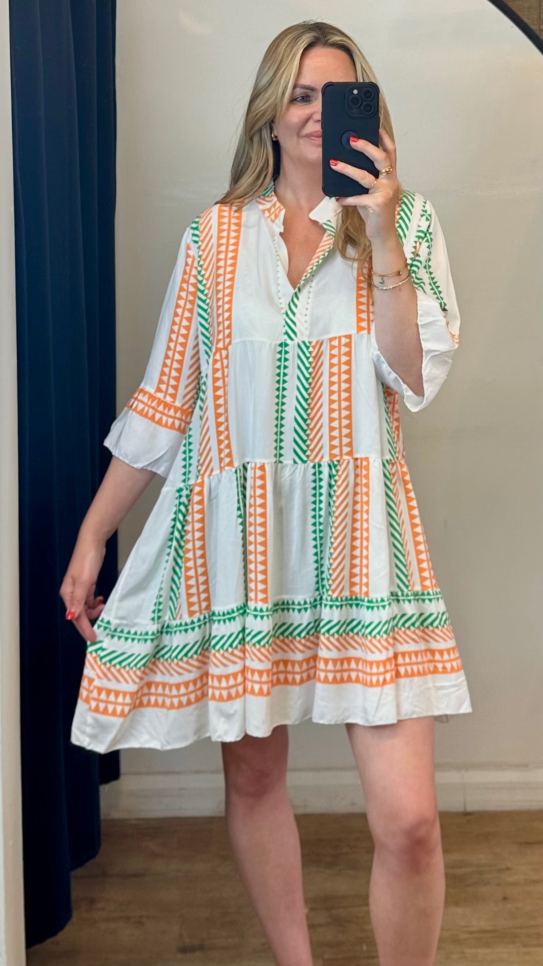 Aztec smock dress - Orange / Green