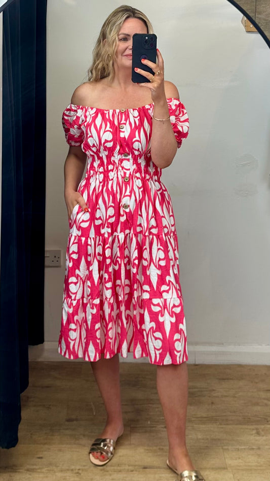 Off shoulder pattern dress  - Pink Colour