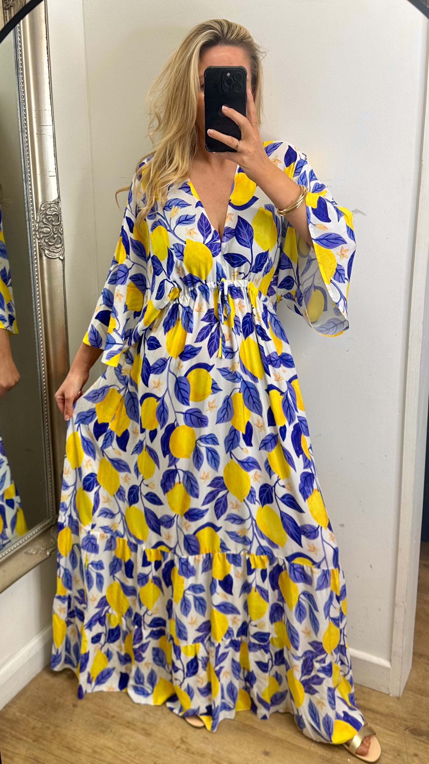 Blue / Yellow Lemon Maxi Dress