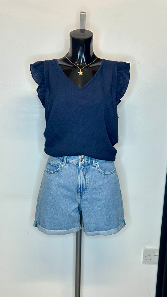 Crinkle Frill Sleeve Top - Navy Colour