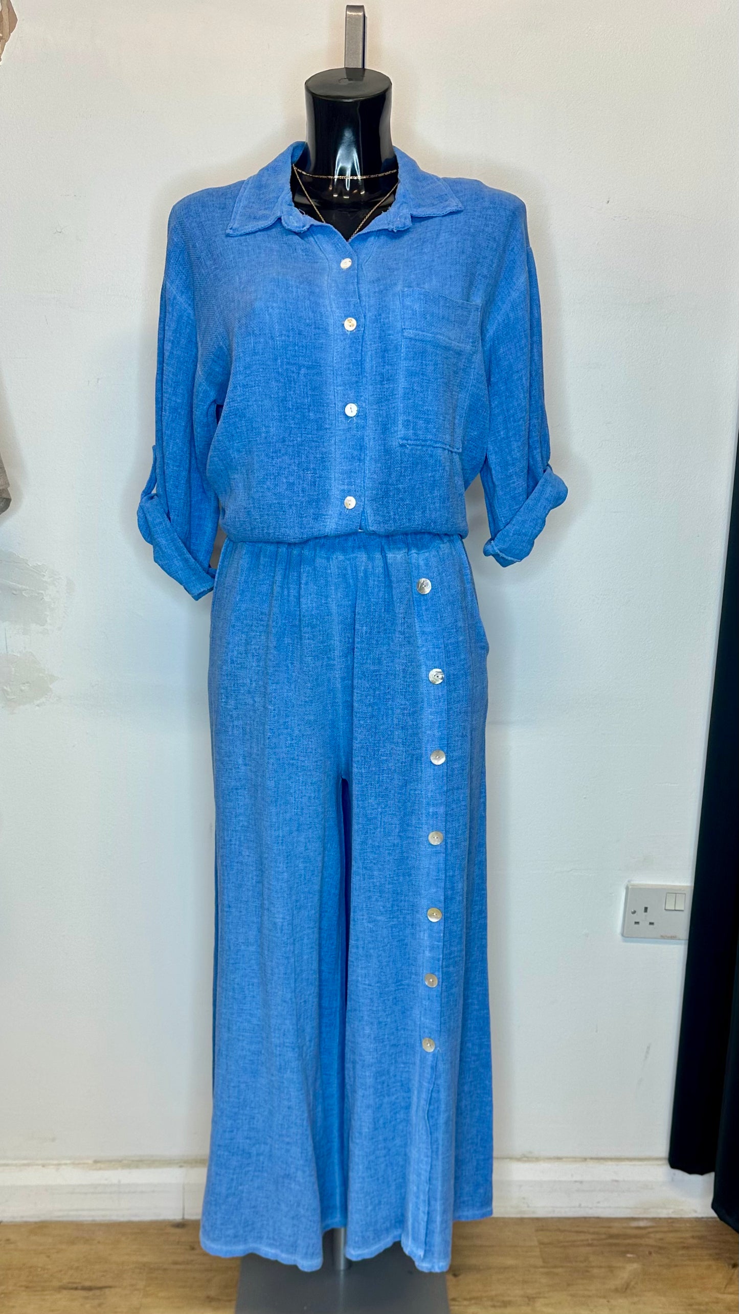Cotton / Linen Button Top / Cardigan - Blue Colour