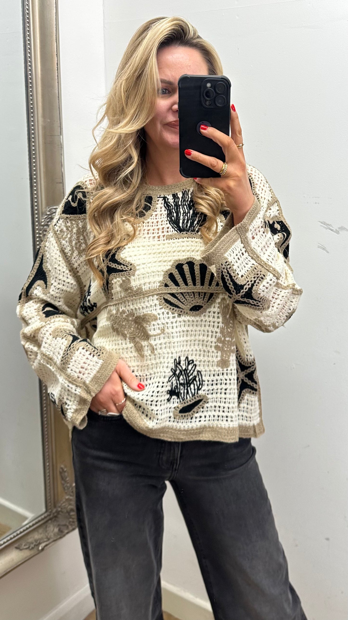 Cream Crochet Top - Black Motifs