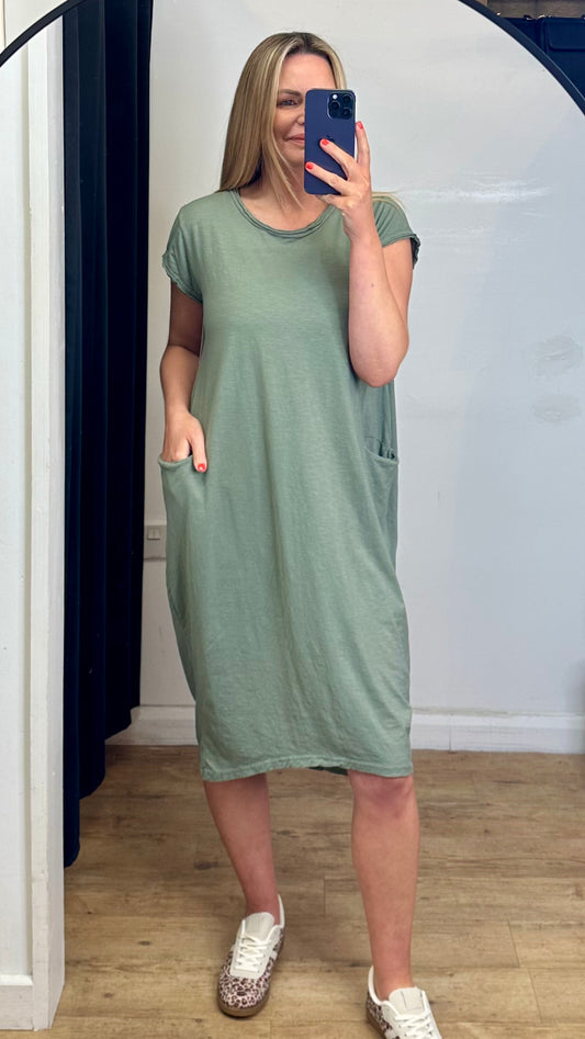 Cotton T-shirt Dress - Khaki Colour