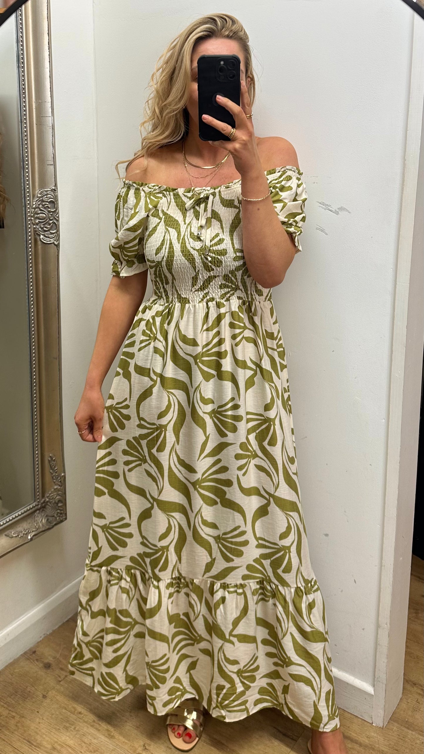 Leaf Print Maxi Dress - Green Colour