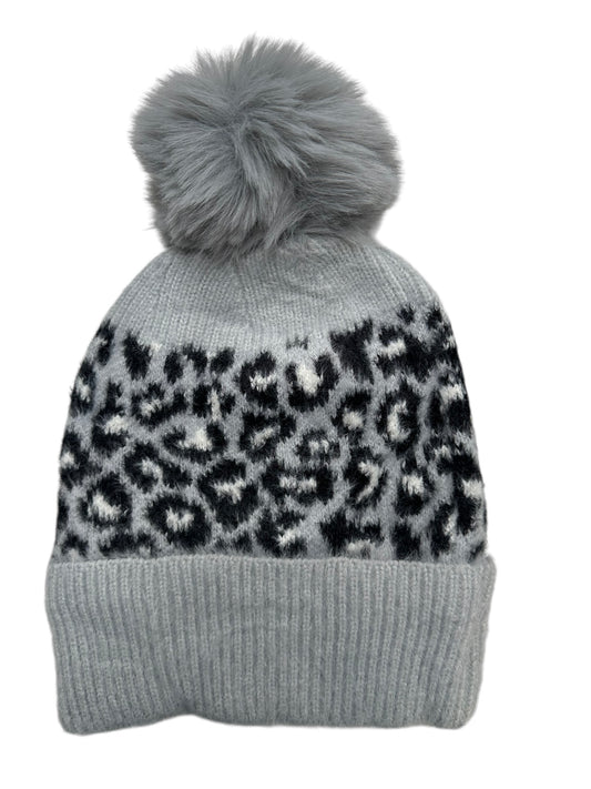 Light Grey Animal Print Pom Pom Hat