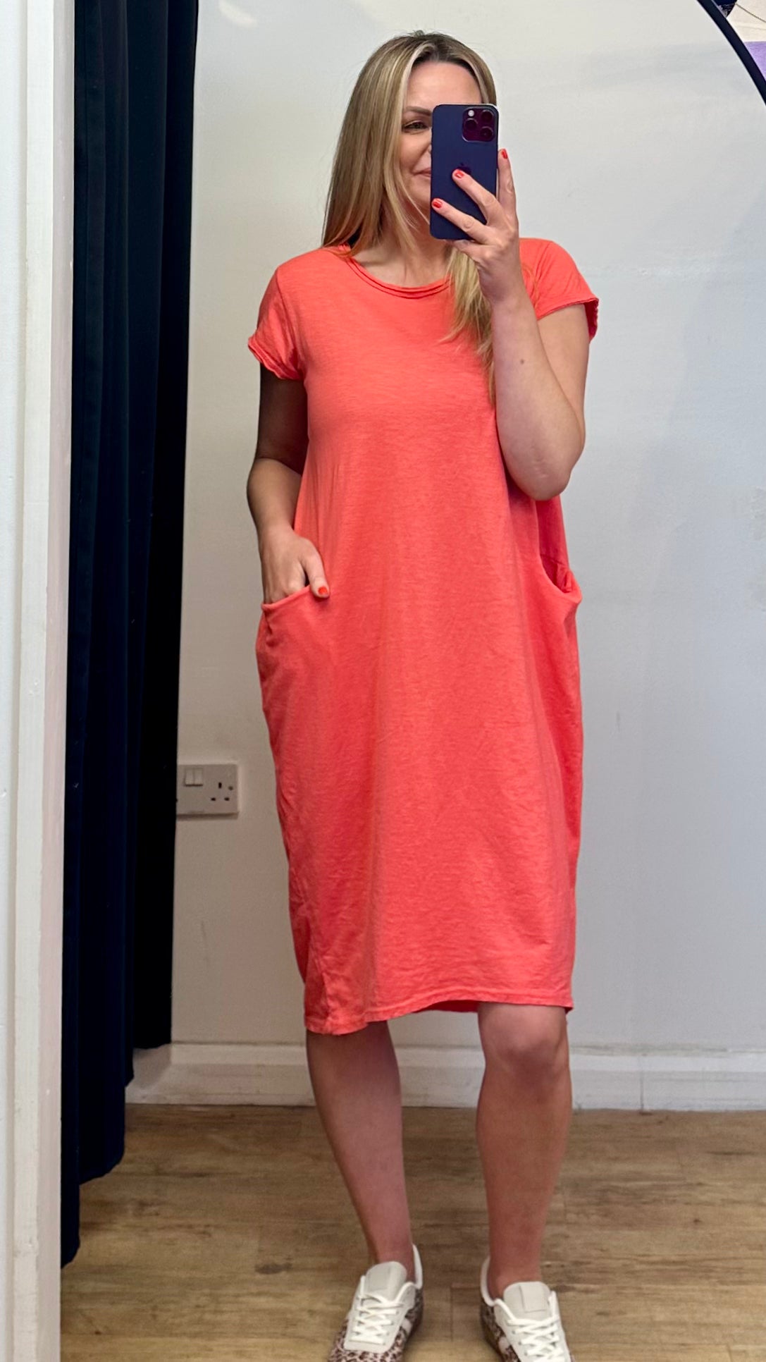 Cotton T-shirt Dress - Coral Colour