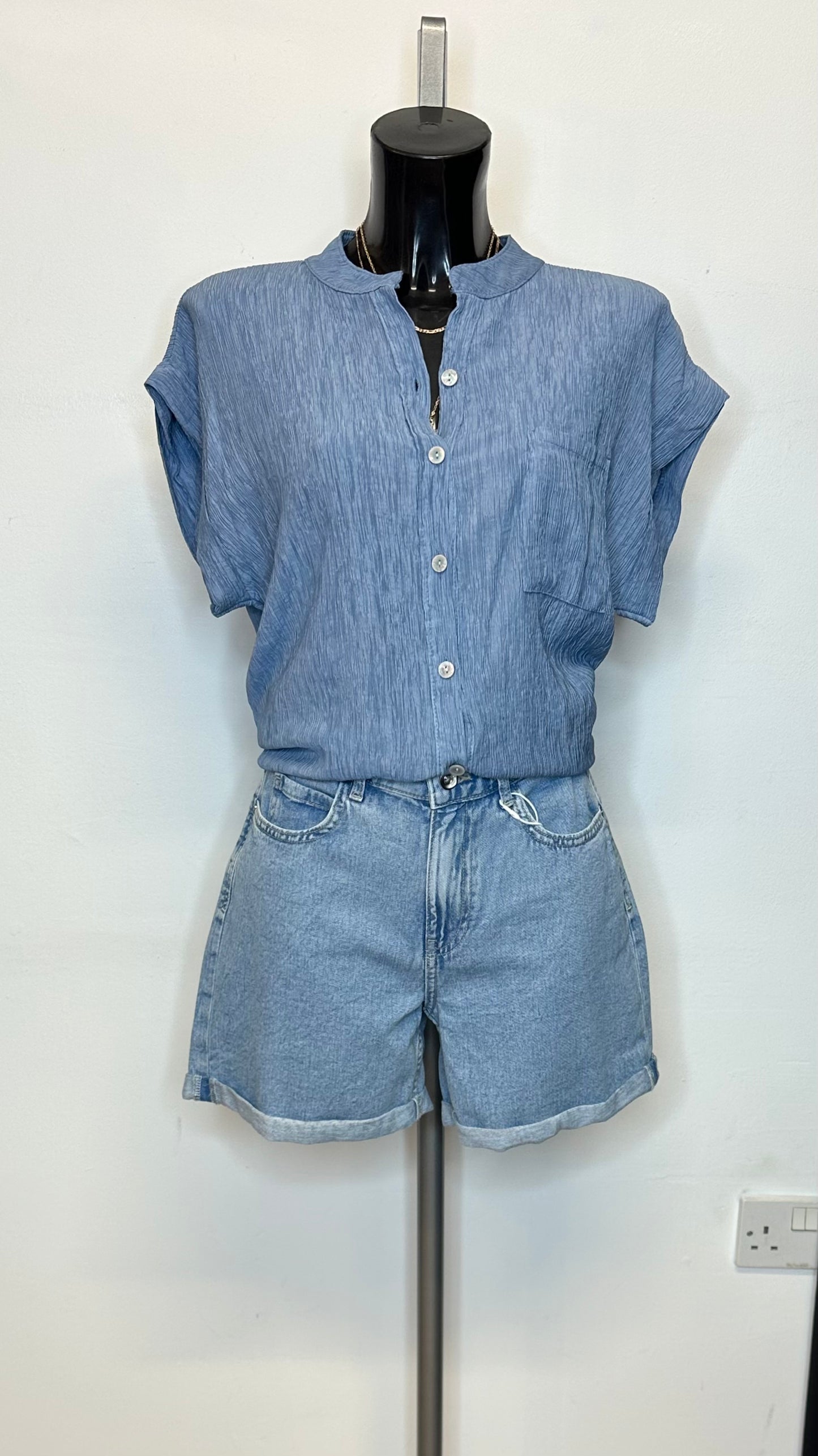 Crinkle Short Sleeve Shirt - Denim Blue