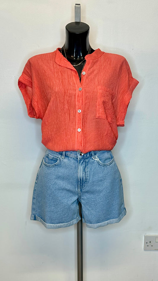 Crinkle Short Sleeve Shirt - Coral