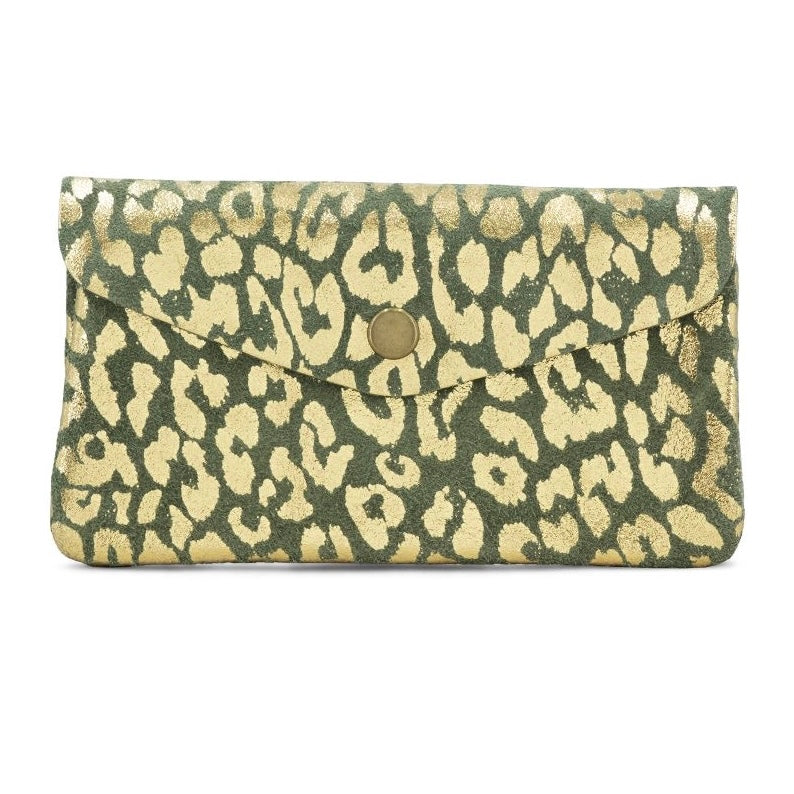 Suede Leopard Gold Foil Purse - Khaki Colour