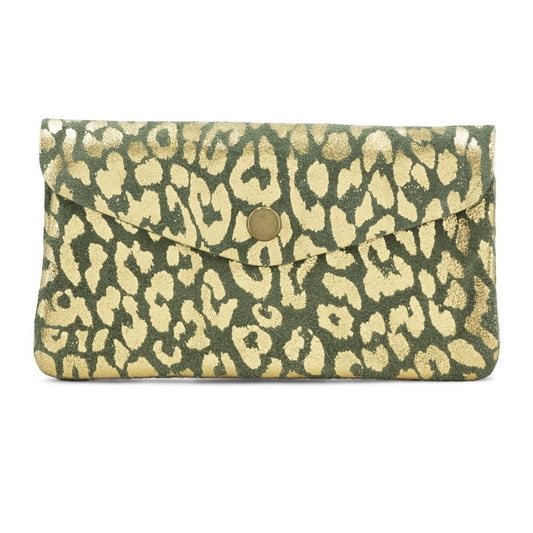 Suede Leopard Gold Foil Purse - Khaki Colour