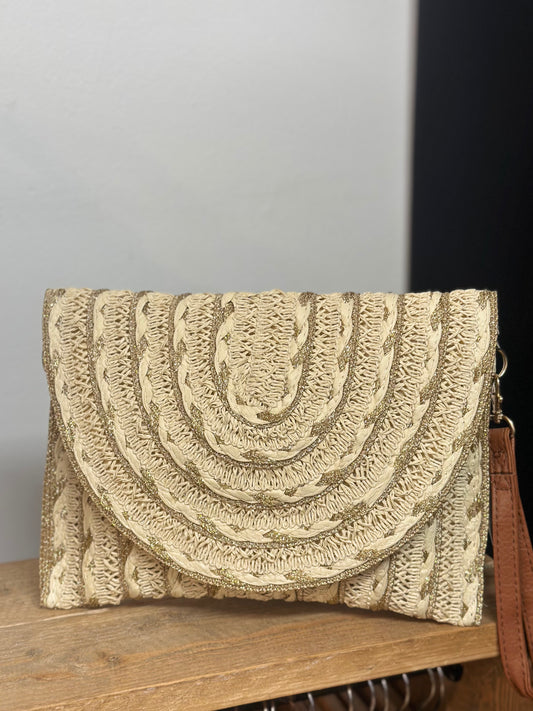 Straw gold glitter clutch / shoulder bag - Neutral Colour