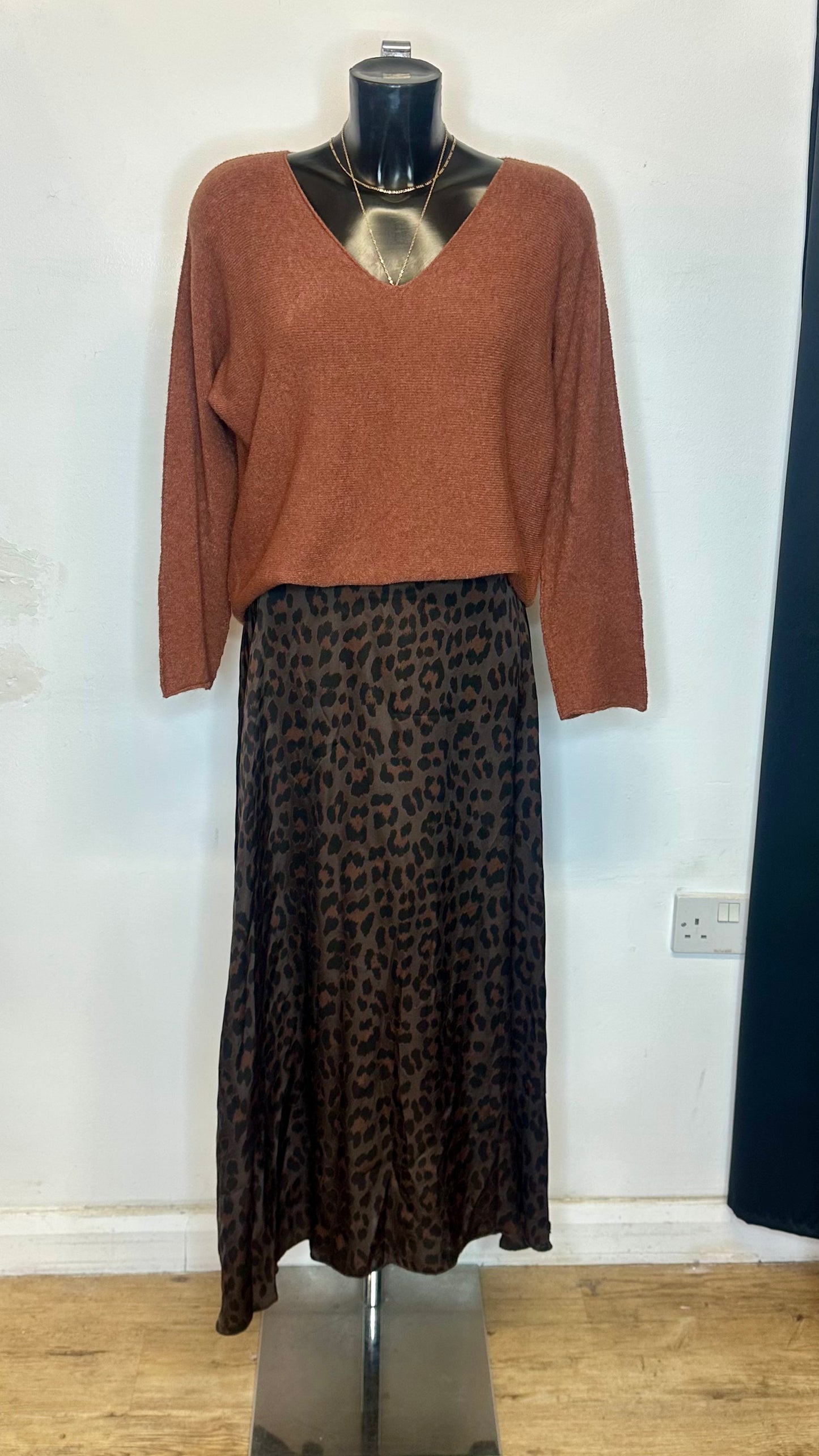 Animal Print Satin Midi Skirt - Brown