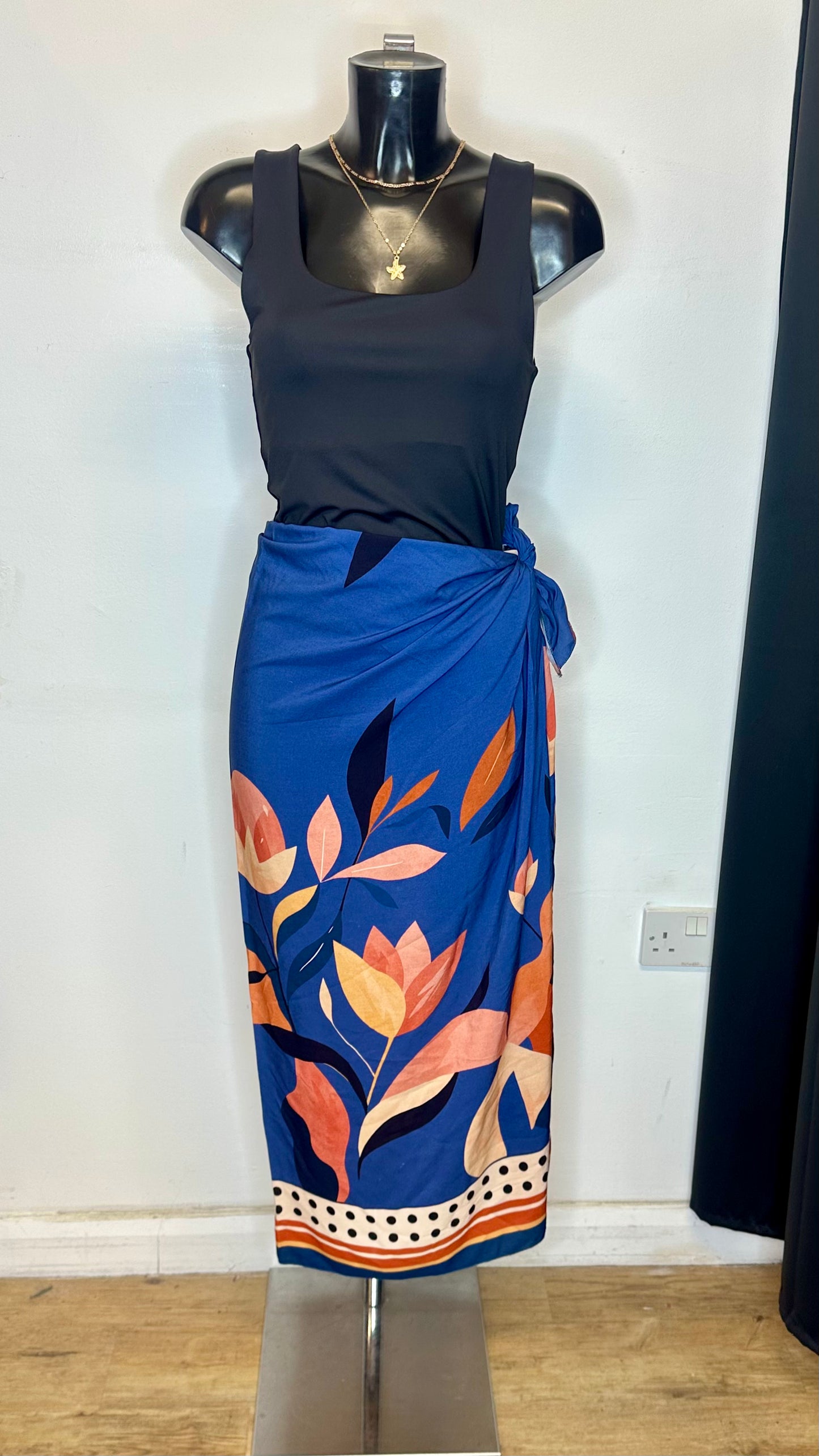 Maxi Tie Skirt - Navy Leaf Print