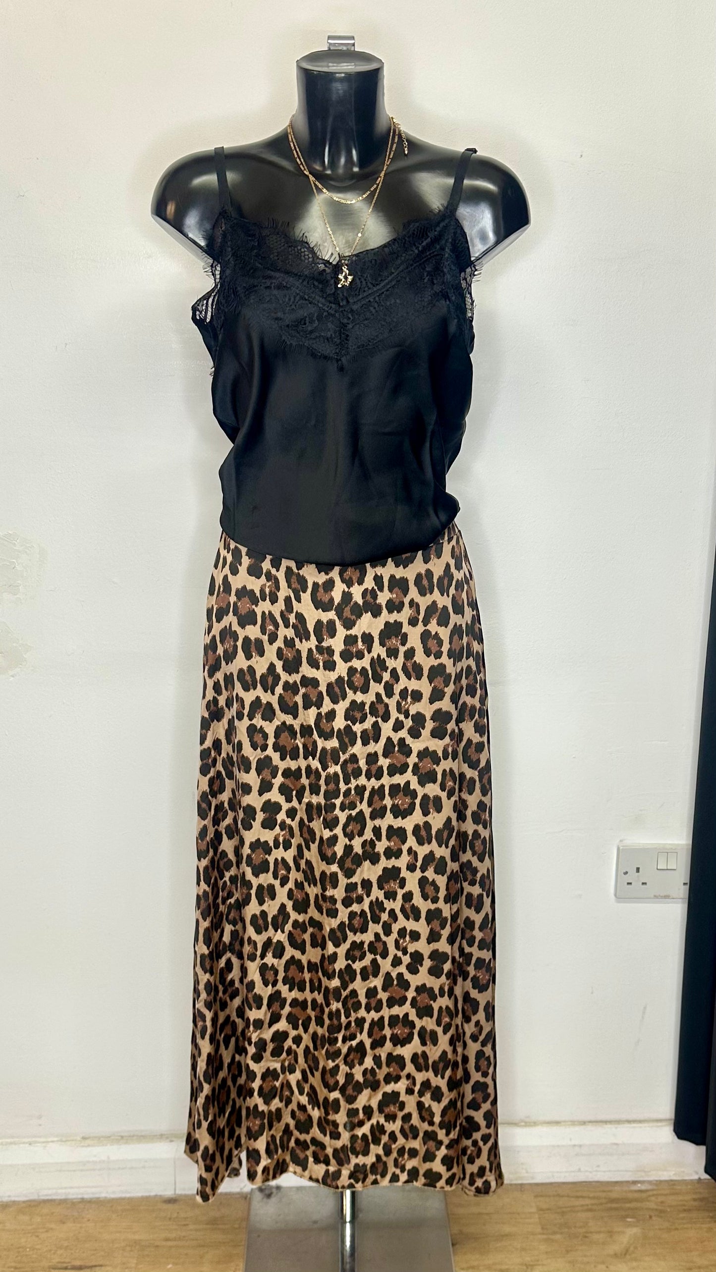 Animal Print Satin Midi Skirt
