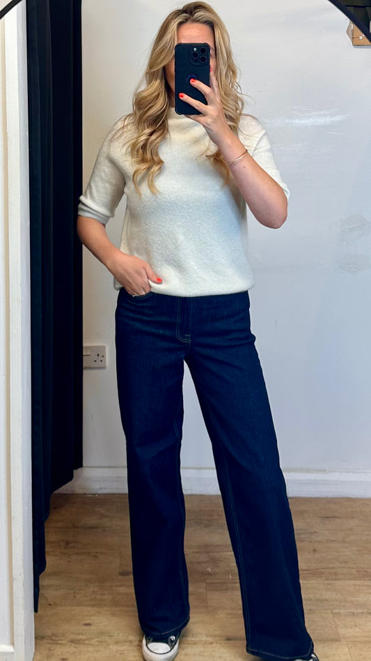 High Waisted Wide Leg Jeans - Dark Blue Denim
