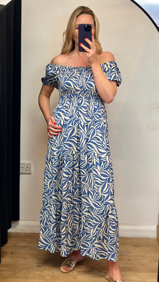 Blue leaf Print Bardot Maxi Dress