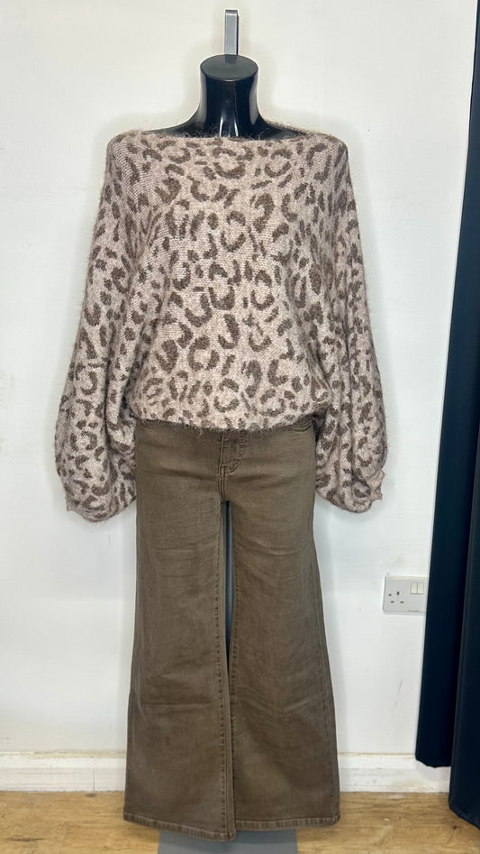 Animal Print Batwing Chunky Knit - Mocha Colour