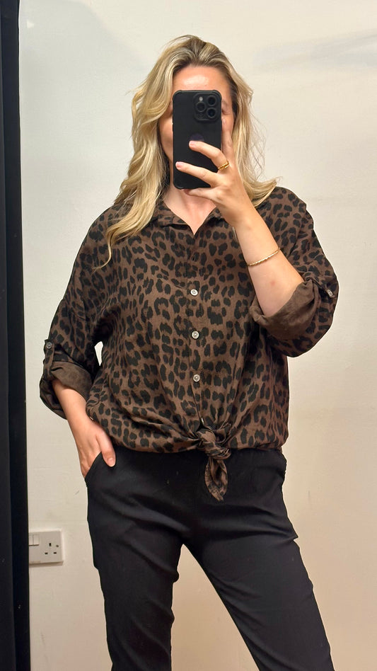 Brown Animal Print Knot Shirt