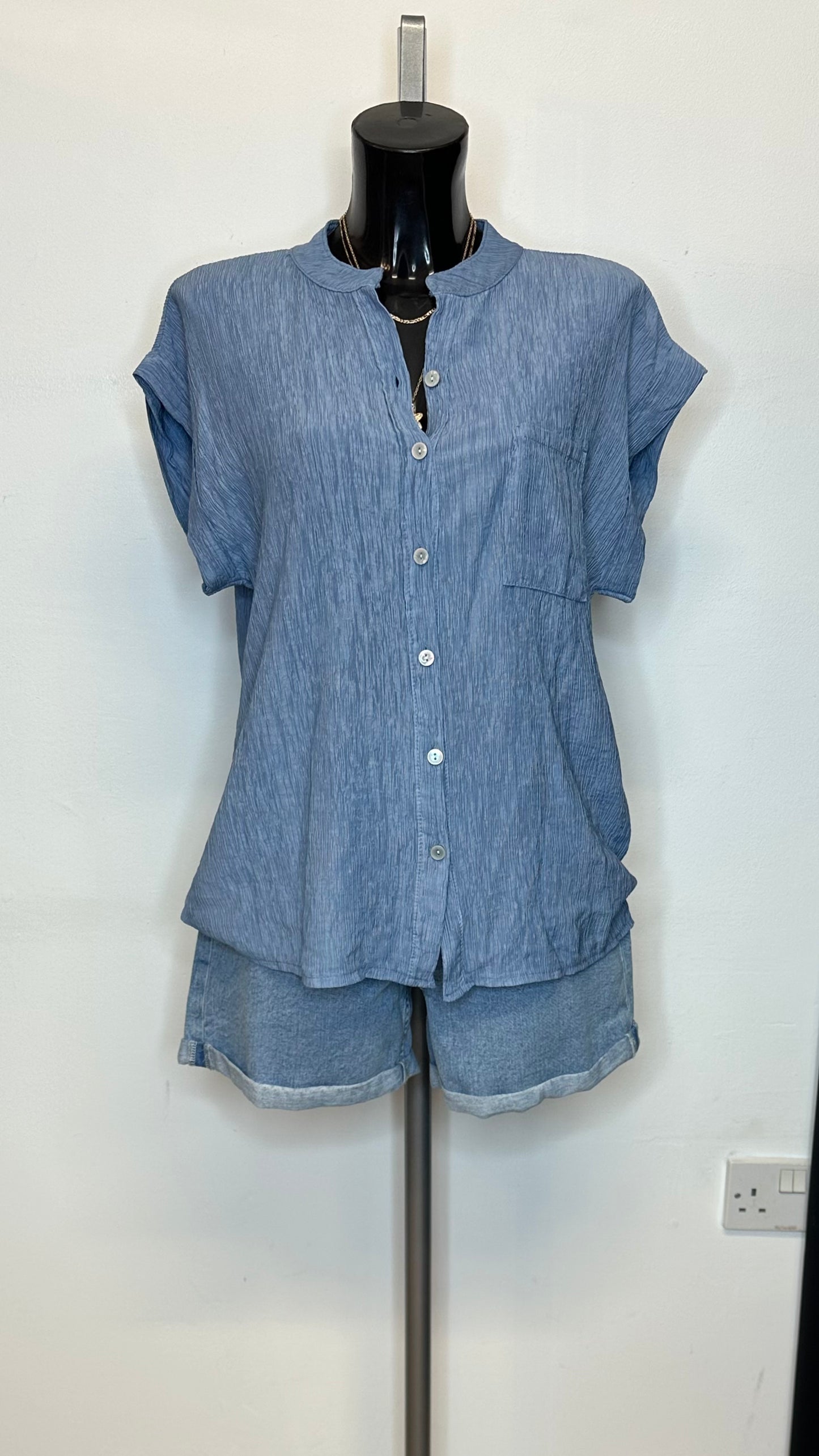 Crinkle Short Sleeve Shirt - Denim Blue