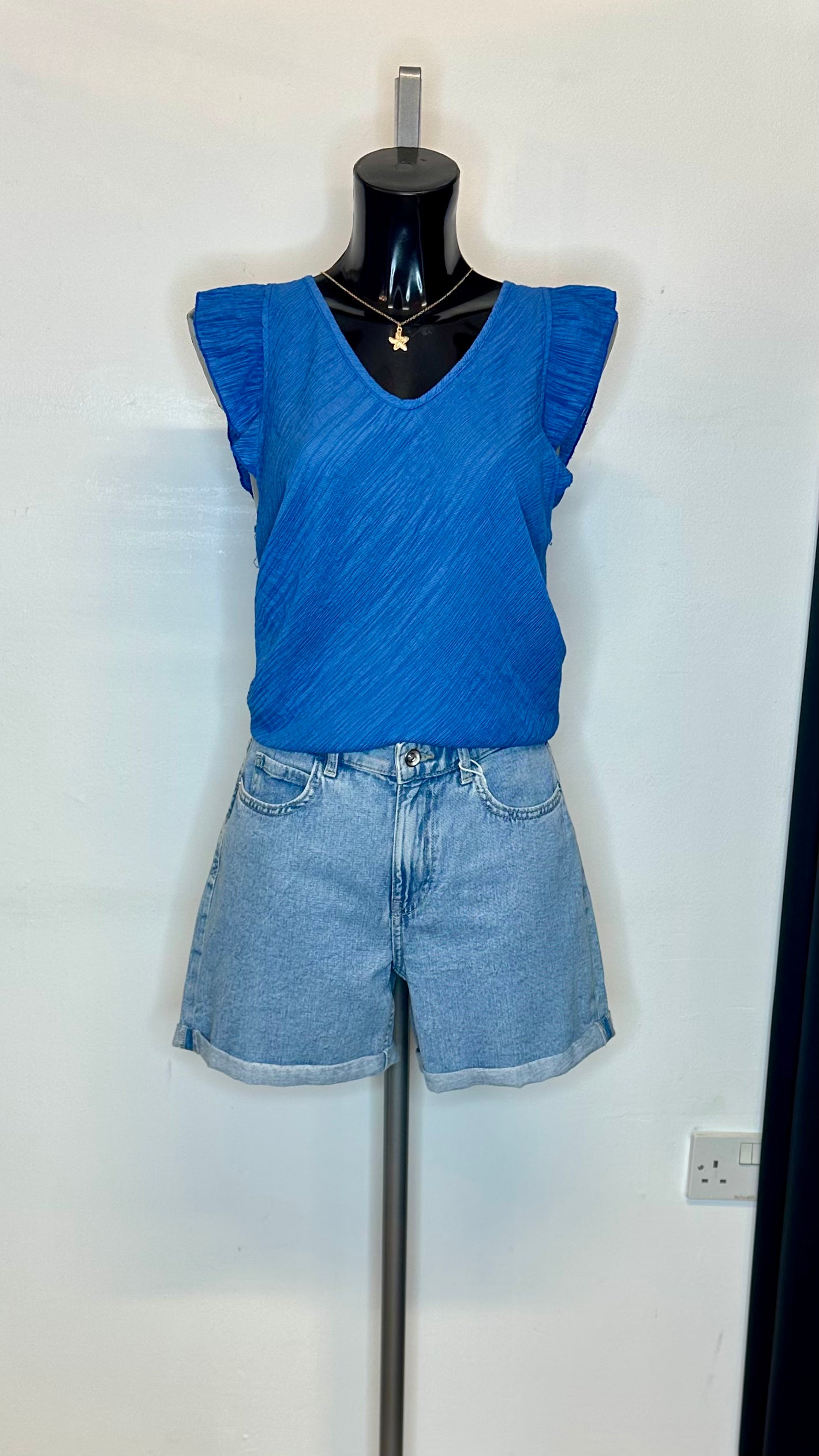 Crinkle Frill Sleeve Top - Blue Colour