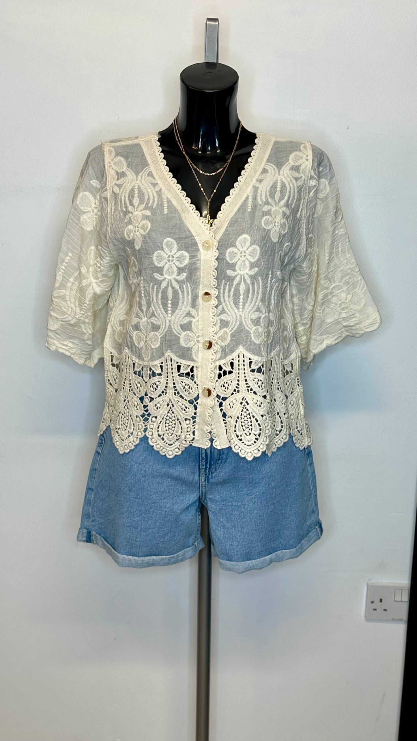 Lace Trim Cotton Top - Beige Colour