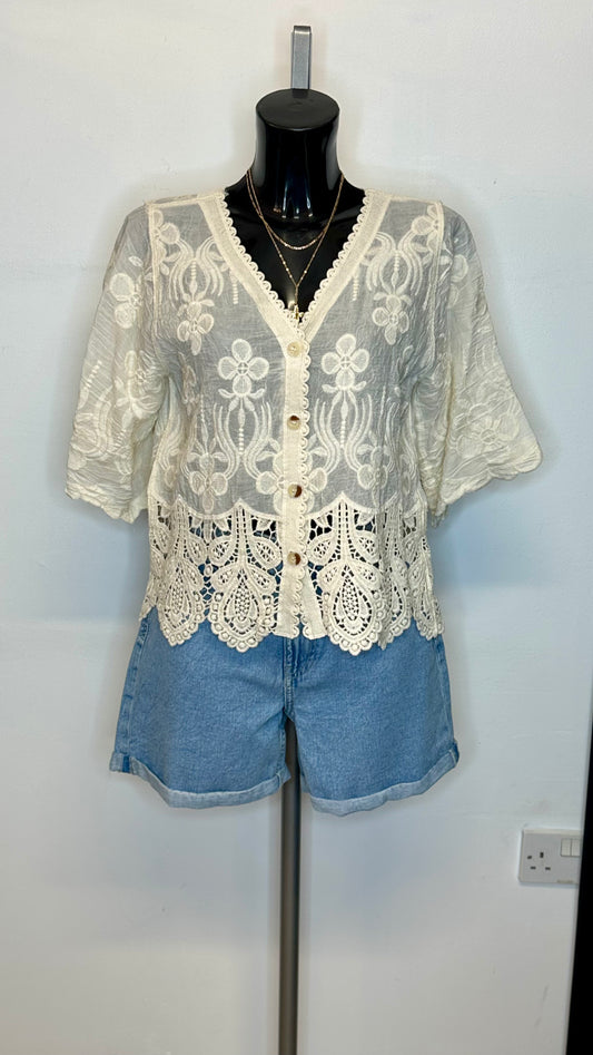 Lace Trim Cotton Top - Beige Colour