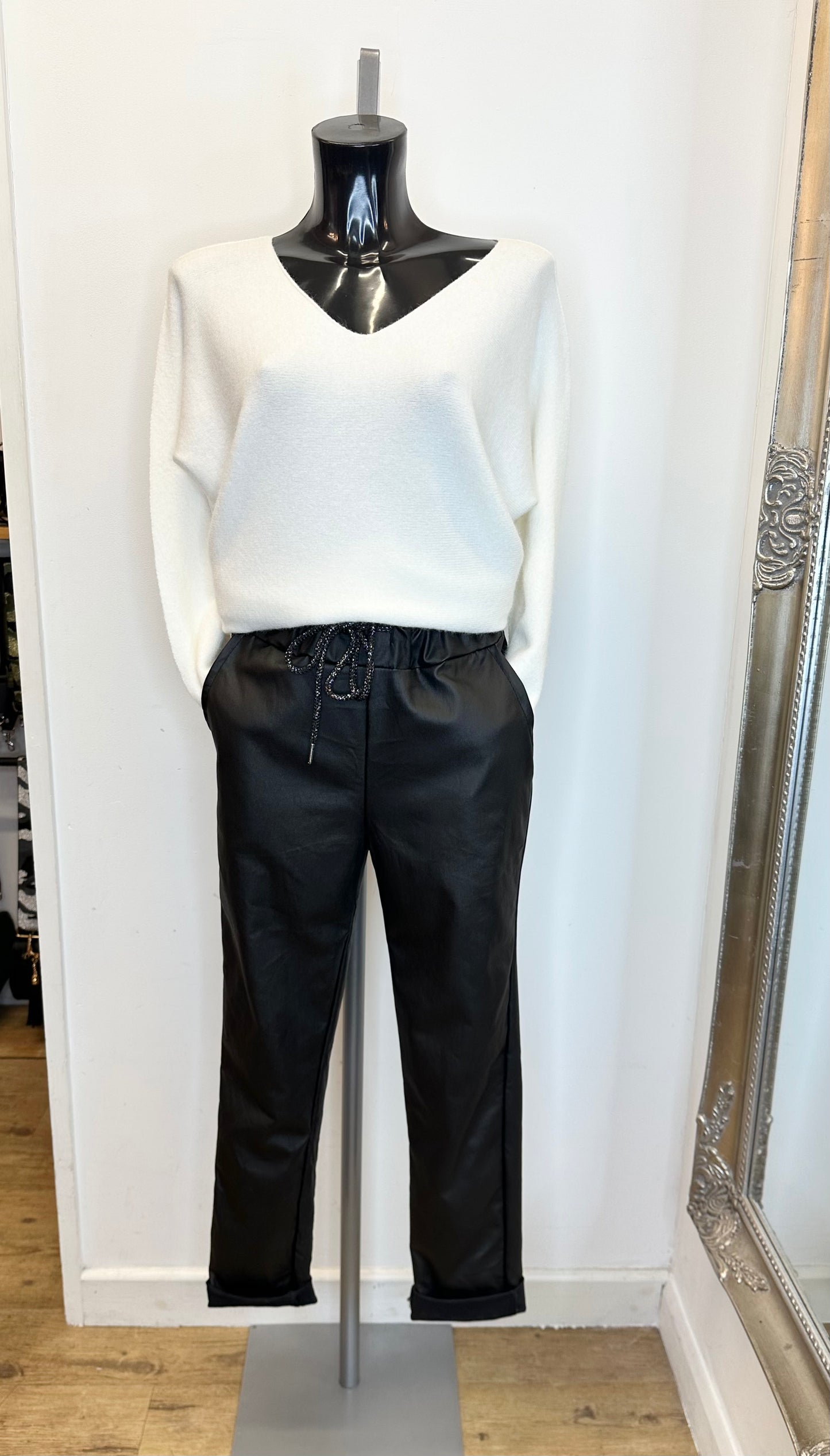 Black faux leather stretch trousers