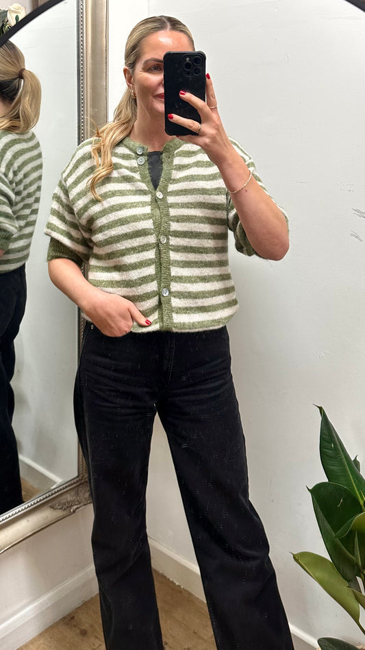 Striped Cardigan - Green / Beige