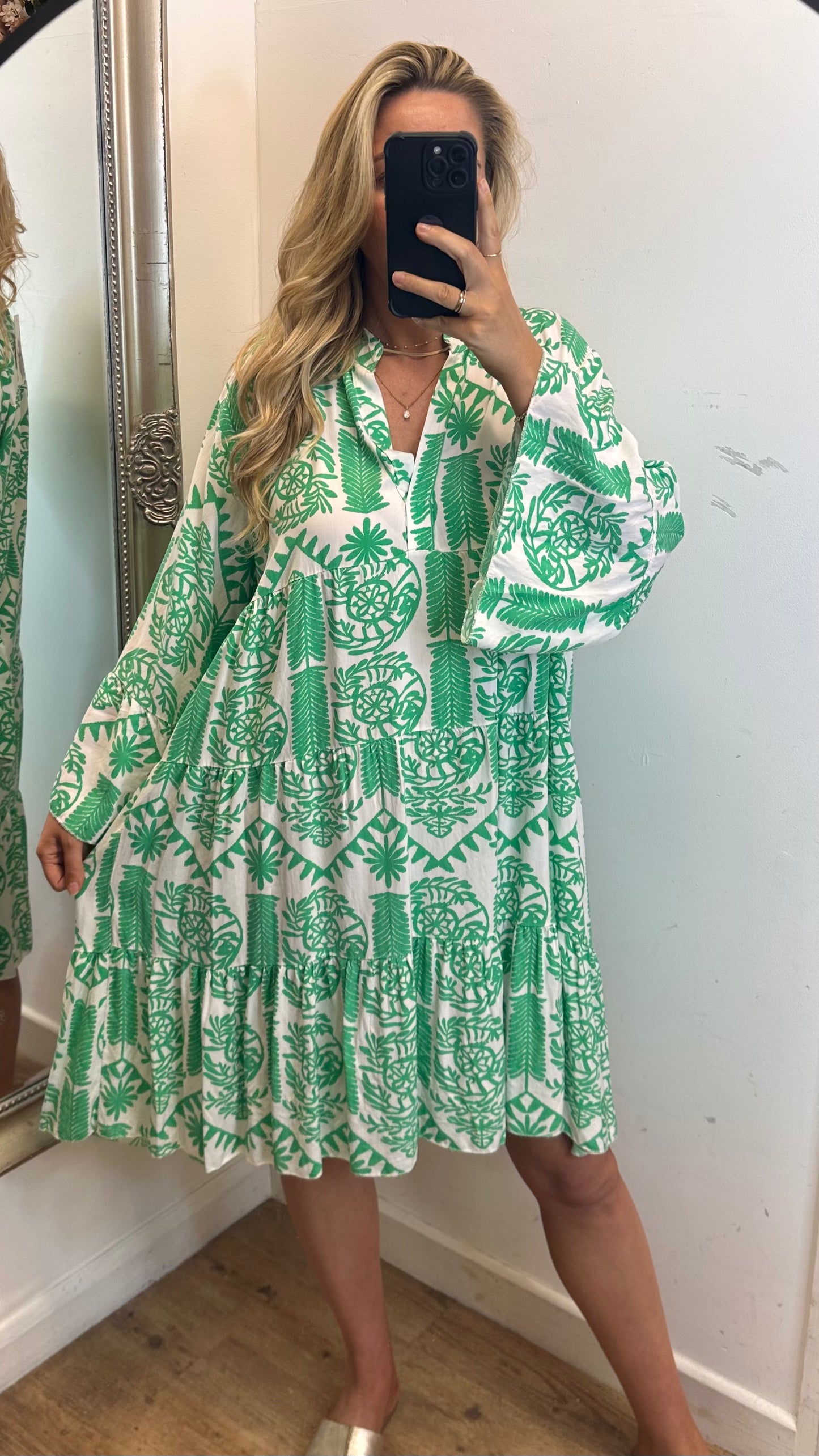 Patterned Smock Dress - Green Colour