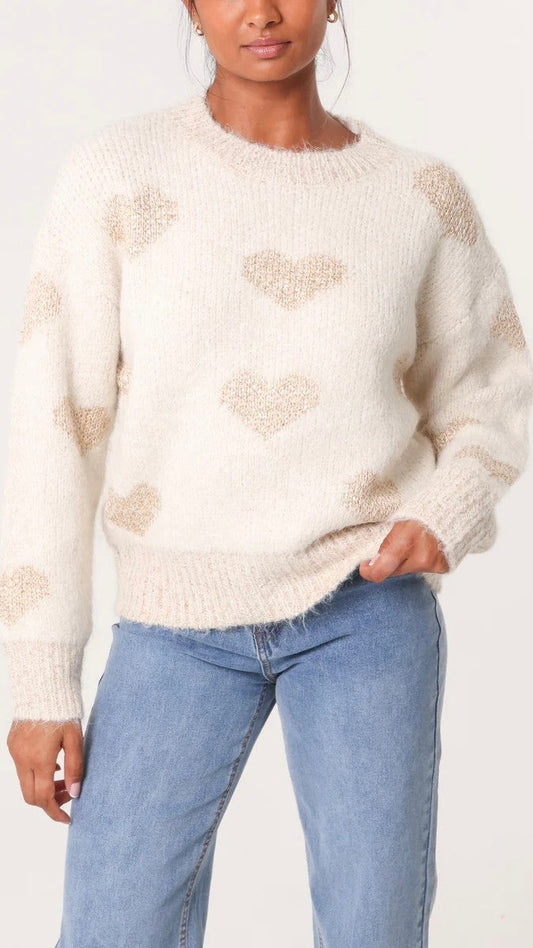 Metallic Heart Soft Knit Jumper - Cream Colour