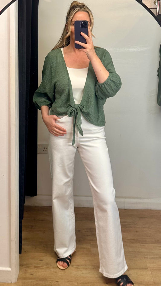 Khaki cheesecloth tie front cardigan