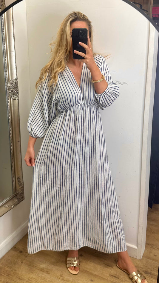 Blue / White Stripe Cotton Midi Dress
