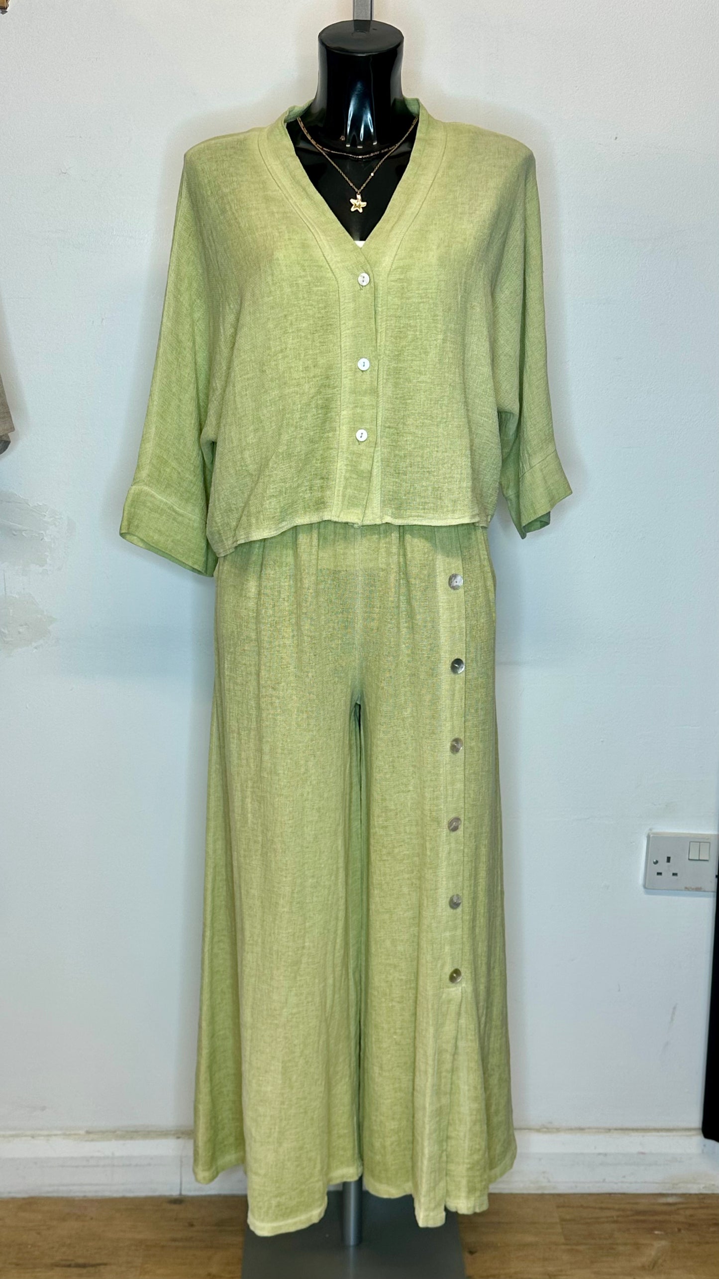 Cotton / Linen Button Top / Cardigan - Pistachio Green Colour