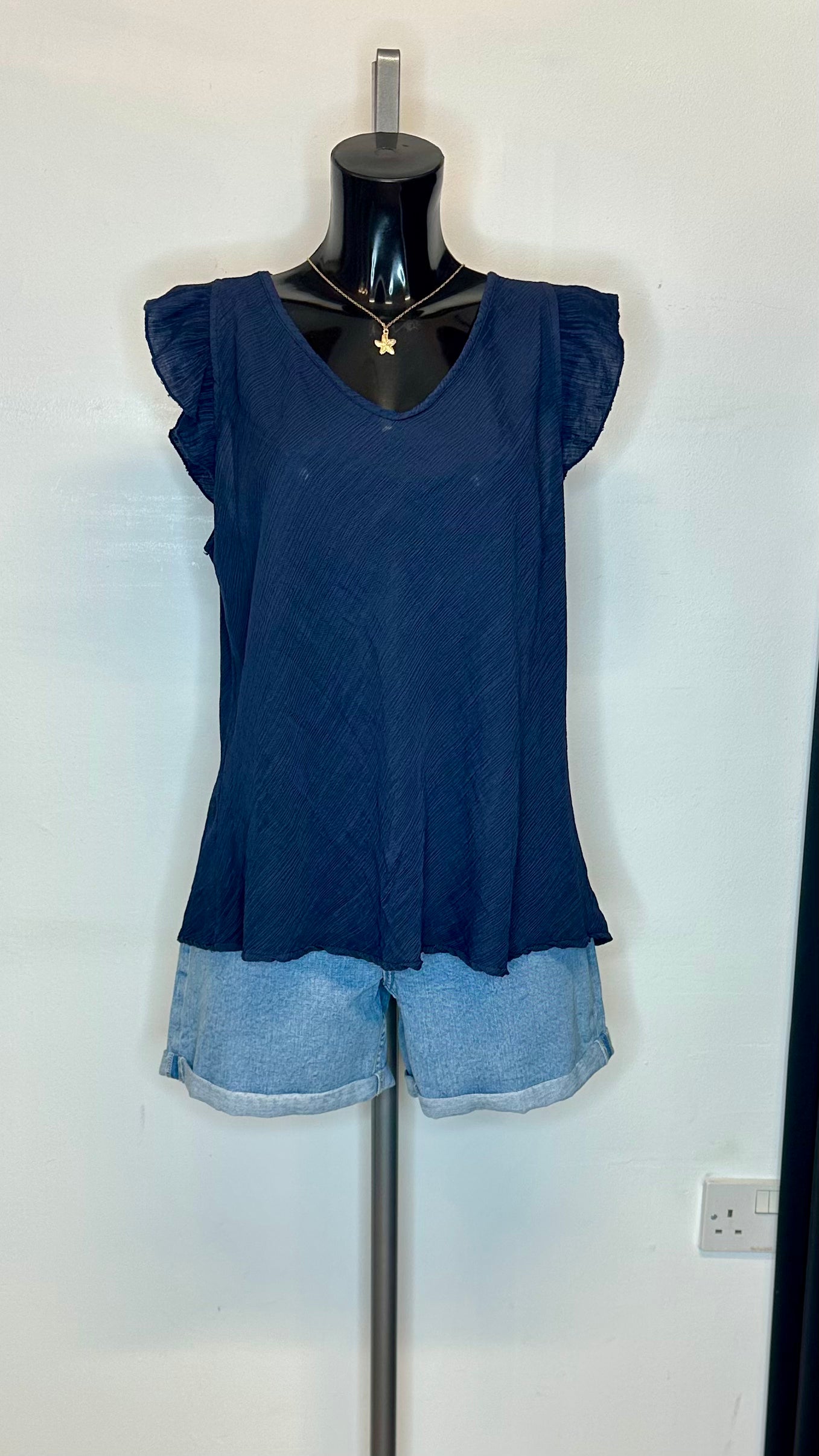 Crinkle Frill Sleeve Top - Navy Colour